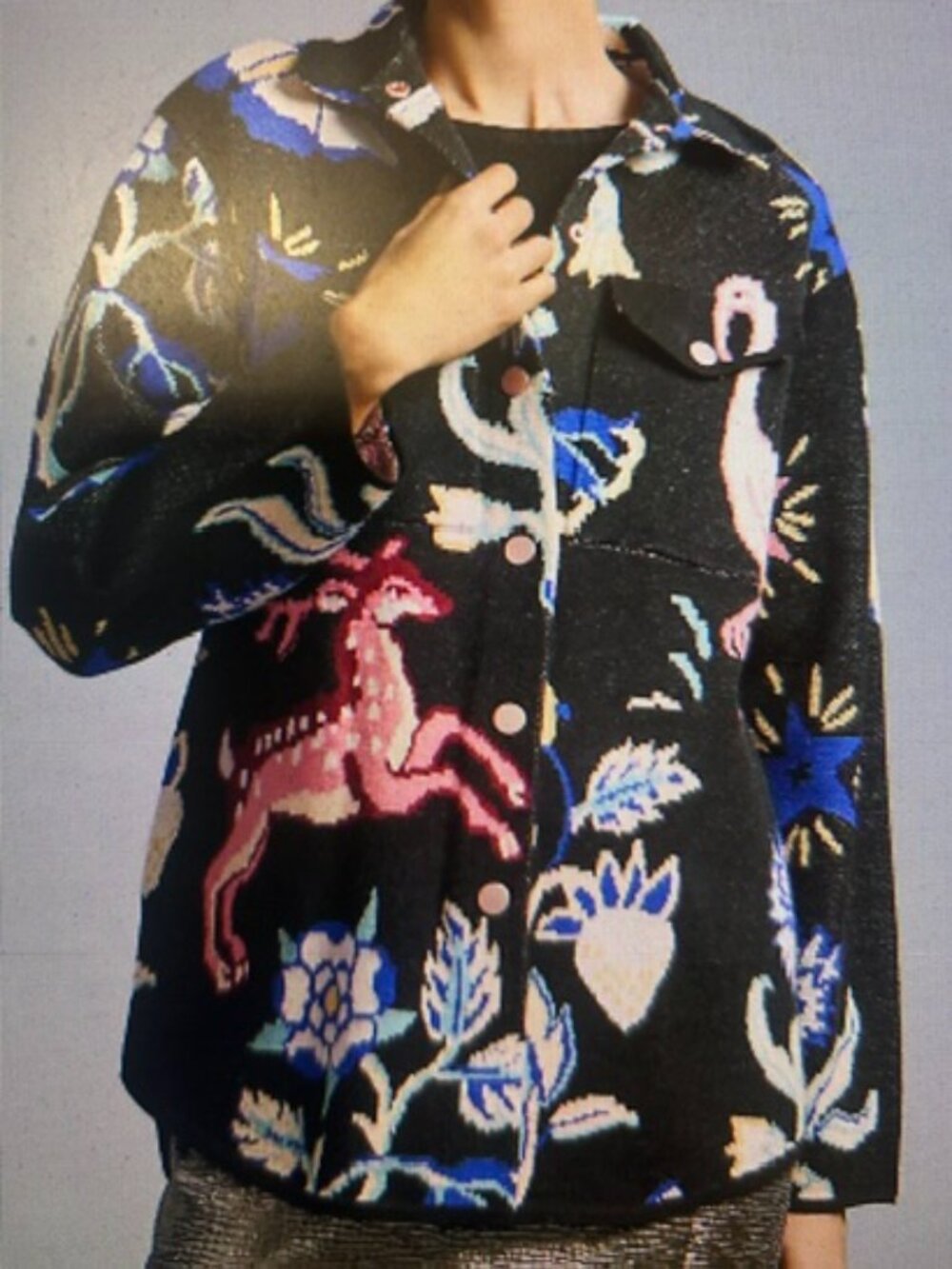 By Anthropologie Printed Star Flamingo Reindeer Floral Metallic Sweater Jacket